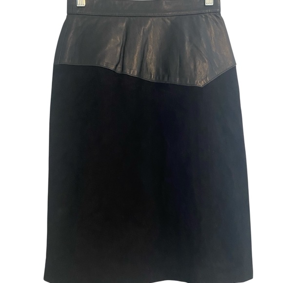Vintage | Black Leather and Suede Assymetrical Midi Skirt Saks Fifth Avenue - Picture 1 of 4